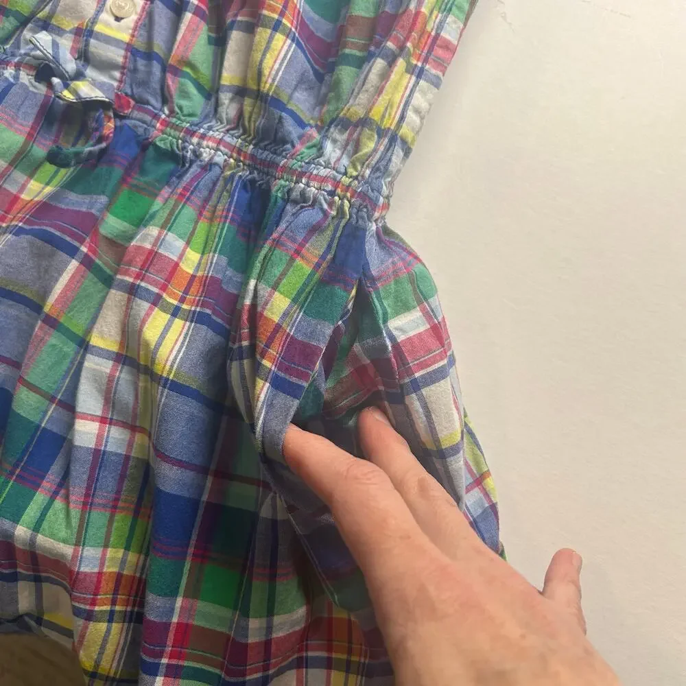 Ralph Lauren girls adjustable sleeve cotton blue plaid preppy smocked dress 16